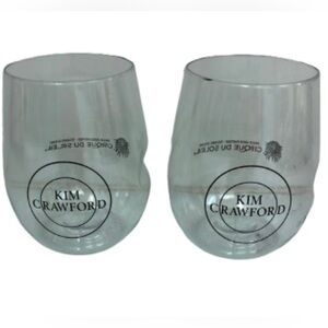 KIM CRAWFORD STEMLESS WINE GLASSES • SET OF 2 • CLEAR PLASTIC W BLACK LOGOS